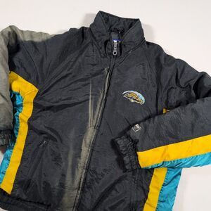 Vintage 90's Logo 7 Jacksonville Jaguars Puffer Jacket Size L Quilted Distressed